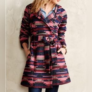 Tabitha Anthropologie Leona Aztec Pink Blue Coat Small Wool Blend Hood Belted